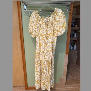 H&M Yellow & White Linen Dress | M Off-Shoulder | Summer Chic